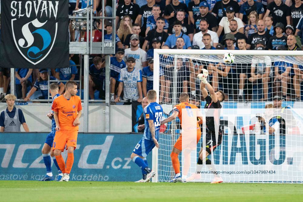 Dominik Takac catches the ball during UEFA Champions league preliminary quaterfinal match, SK Slovan Bratislava - NK Celje, 30. july 2024