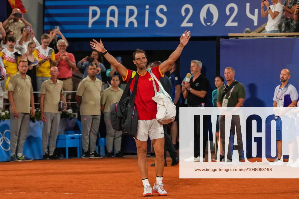 Rafael Nadal of Spain greeting the fans after loosing his match with Carlos Alcaraz of Spain against Austin Krajicek of USA and Rajeev Ram of USA during the men s doubles quarter-final tennis match on Court Philippe-Chatrier at the Roland-Garros Stadium during the Paris 2024 Olympic Games, Olympische Spiele, Olympia, OS in Paris on July 31, 2024. Paris FRANCE - ZUMAa181 20240731_zaa_a181_396