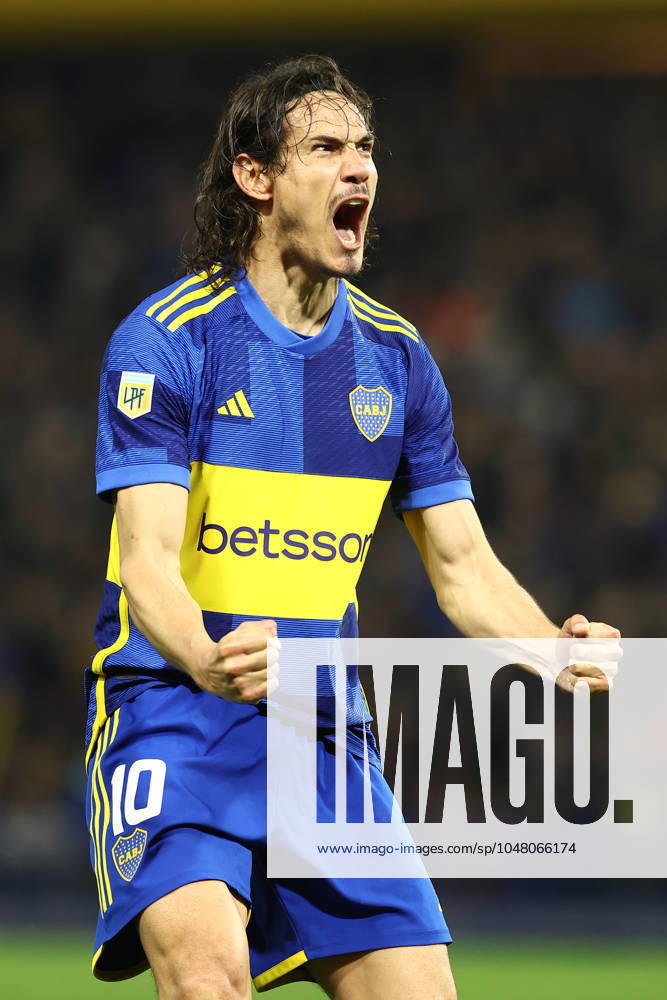 Boca Juniors Uruguayan forward Edinson Cavani celebrates after scoring a goal against X during their Argentine Professional Football League Tournament 2024 Cesar Luis Menotti match against Banfield at La Bombonera stadium in Buenos Aires, on July 31, 2024. BUENOS AIRES ARGENTINA