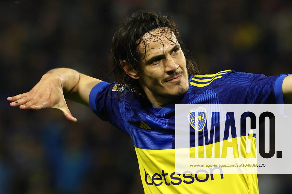 Boca Juniors Uruguayan forward Edinson Cavani celebrates after scoring a goal against X during their Argentine Professional Football League Tournament 2024 Cesar Luis Menotti match against Banfield at La Bombonera stadium in Buenos Aires, on July 31, 2024. BUENOS AIRES ARGENTINA