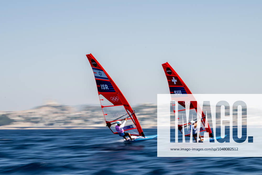 Tom Reuveny of Israel and Elia Colombo of Switzerland compete in men s windsurfing iQFOiL sailing race 11 during day 6 of the Paris 2024 Olympic Games, Olympische Spiele, Olympia, OS on August 1, 2024 in Marseille. Photo: Petter Arvidson BILDBYRAN kod PA PA0854 bbeng segling sailing olympic games olympics os ol olympiska spel olympiske leker paris 2024 paris-os paris-ol windsurfing iQFOiL