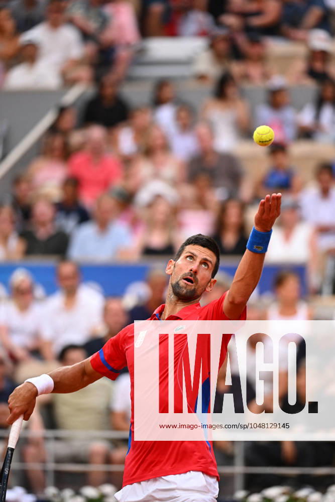 Paris 2024 - Djokovic Defeats Tsitsipas In Their Quarter Final Novak Djokovic (SRB) during his quarter final match at the 2024 Olympics Games at Roland Garros arena in Paris, France on August 1, 2024. Photo by Corinne Dubreuil ABACAPRESS.COM Paris France