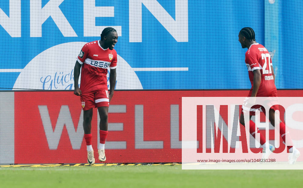 FC Hansa Rostock - VfB Stuttgart II Deutschland, Rostock, 03.08.2024, Fussball, 3. Liga, FC Hansa Rostock - VfB Stuttgart II (1:1): li. Benjamin Boakye (VfB Stuttgart II); Jubel Tor 1:1 Boakye.
