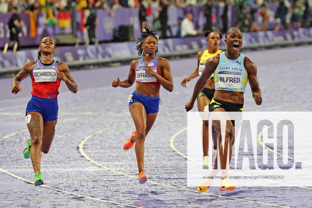 Zielfoto 100m Frauenfinale, Gold: Julien Alfred (LCA, Saint Lucia) Silber: Sha Carri Richardson (USA) Bronze: Melissa Jefferson (USA), Athletics, Paris 2024, Olympic Games, Olympische Spiele, Olympia, OS Paris 2024, Olympic Games 2024, 03.08.2024, -