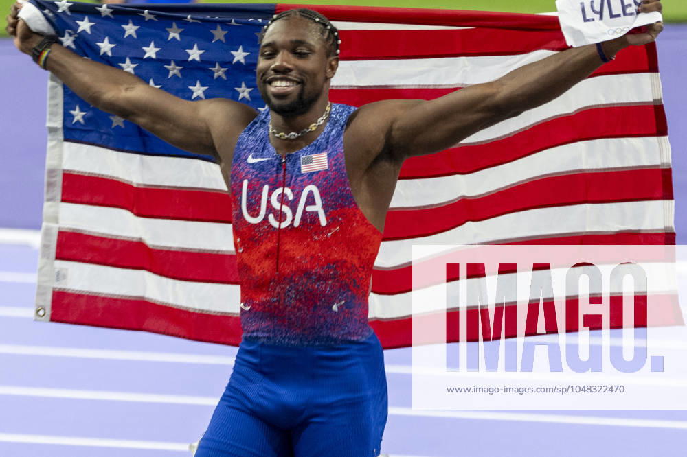 Noah Lyles celebrates after winning Olympic 100 meters during the athletics at the Olympic Games, Olympische Spiele, Olympia, OS Paris 2024 at Stade de France in Paris, France. (Richard Callis SPP)