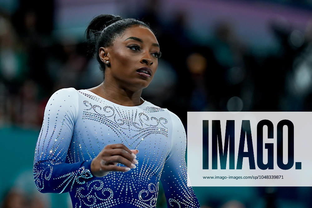 Simone Biles of United States looks dejected and disappointed after her performance during the Women s Balance Beam Final on day ten of the Olympic Games, Olympische Spiele, Olympia, OS Paris 2024 at Bercy Arena on August 5, 2024 in Paris, France. Paris Bercy Arena France