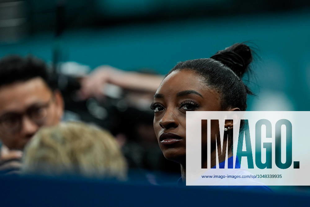 Simone Biles of United States looks dejected and disappointed after her performance during the Women s Balance Beam Final on day ten of the Olympic Games, Olympische Spiele, Olympia, OS Paris 2024 at Bercy Arena on August 5, 2024 in Paris, France. Paris Bercy Arena France
