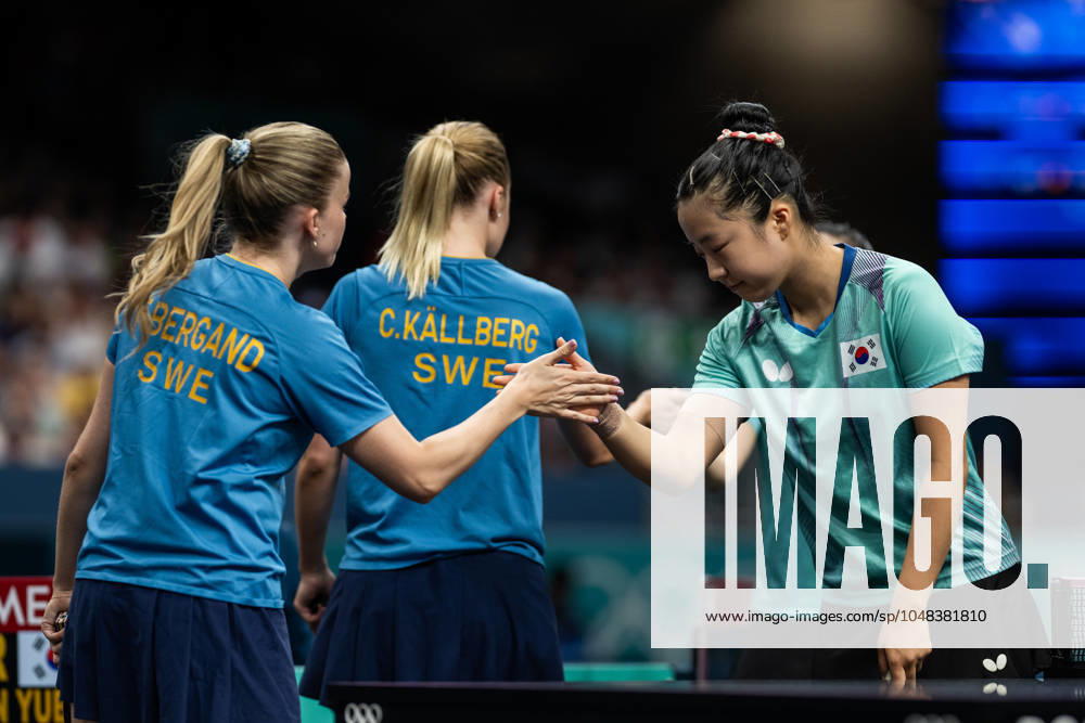 Filippa Bergand and Christina Källberg of Sweden against Yubin Shin and Jihee Jeon of South Korea in a women s Table tennis, Tischtennis team quarterfinal between Sweden and South Korea during day 11 of the Paris 2024 Olympic Games, Olympische Spiele, Olympia, OS on August 6, 2024 in Paris. Photo: Joel Marklund BILDBYRAN kod JM JM0597 bbeng bordtennis table tennis pingis olympic games olympics os ol olympiska spel olympiske leker paris 2024 paris-os paris-ol kvartsfinal sverige sydkorea