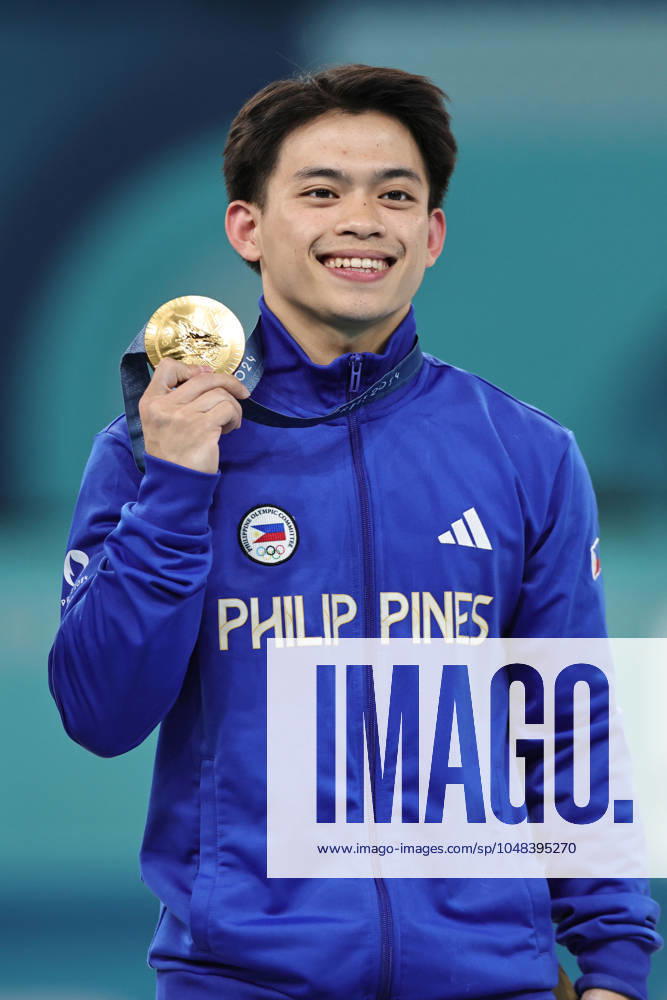 Carlos Edriel Yulo, PHI, - after vault final at 2024 Olympic Games, Olympische Spiele, Olympia, OS in Paris-Bercy; 04 08 2024;