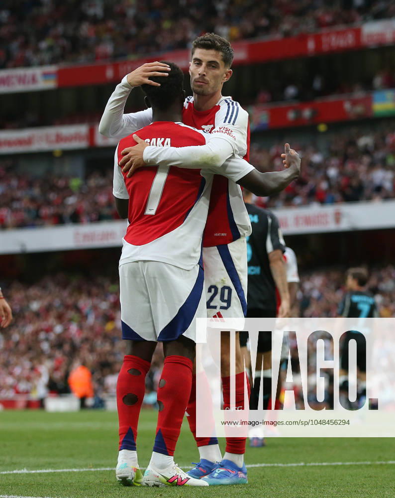 - Arsenal v Bayer 04 Leverkusen, Pre Season Friendly, Emirates Stadium, London, UK - 7th August 2024. GOAL Kai Havertz of Arsenal goal celebration with Bukayo Saka of Arsenal after scoring. - Arsenal v Bayer 04 Leverkusen, Pre Season Friendly, Emirates Stadium, London, UK - 7th August 2024. London Emirates Stadium UK