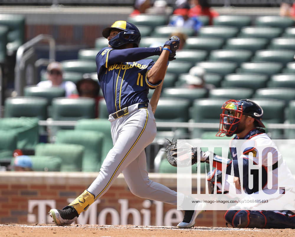 Milwaukee Brewers left fielder Jackson Chourio hits his second second home run of the game against the Atlanta Braves at Truist Park on Thursday, August 8, 2024 in Atlanta, Georgia. ATL20240808110 MikexZarrilli