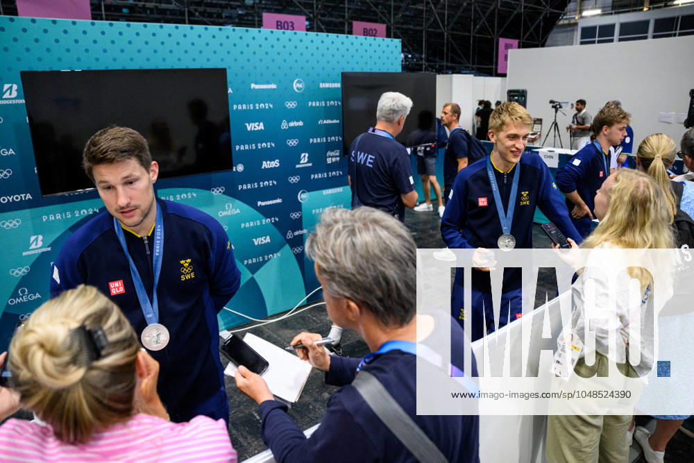 Kristian Karlsson and Anton Källberg of Sweden in the mixed zone after men s team Table tennis, Tischtennis final match between Sweden and China during day 14 of the Paris 2024 Olympic Games, Olympische Spiele, Olympia, OS on August 9, 2024 in Paris. Photo: Petter Arvidson BILDBYRAN kod PA PA0866 bordtennis table tennis pingis olympic games olympics os ol olympiska spel olympiske leker paris 2024 paris-os paris-ol 11 bbeng sverige sweden kina china final os-final depp