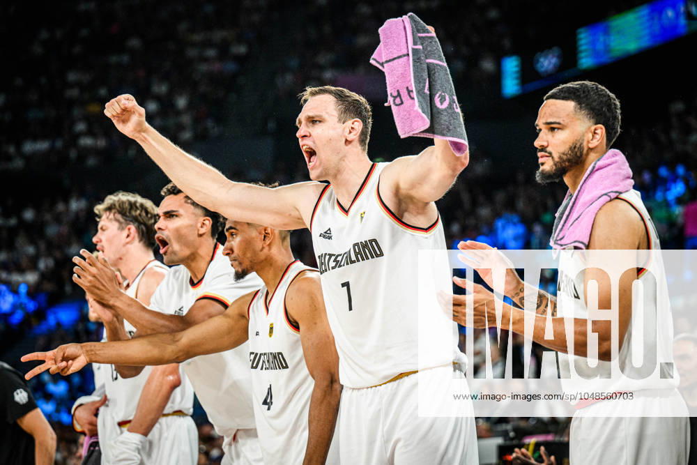 Johannes Voigtmann (Germany) gestures, cheer during the Mens Basketball Bronze Medal match between Germany and Serbia on Day 15 of the Olympic Games, Olympische Spiele, Olympia, OS Paris 2024 at Bercy Arena on August 10, 2024 in Paris, France.