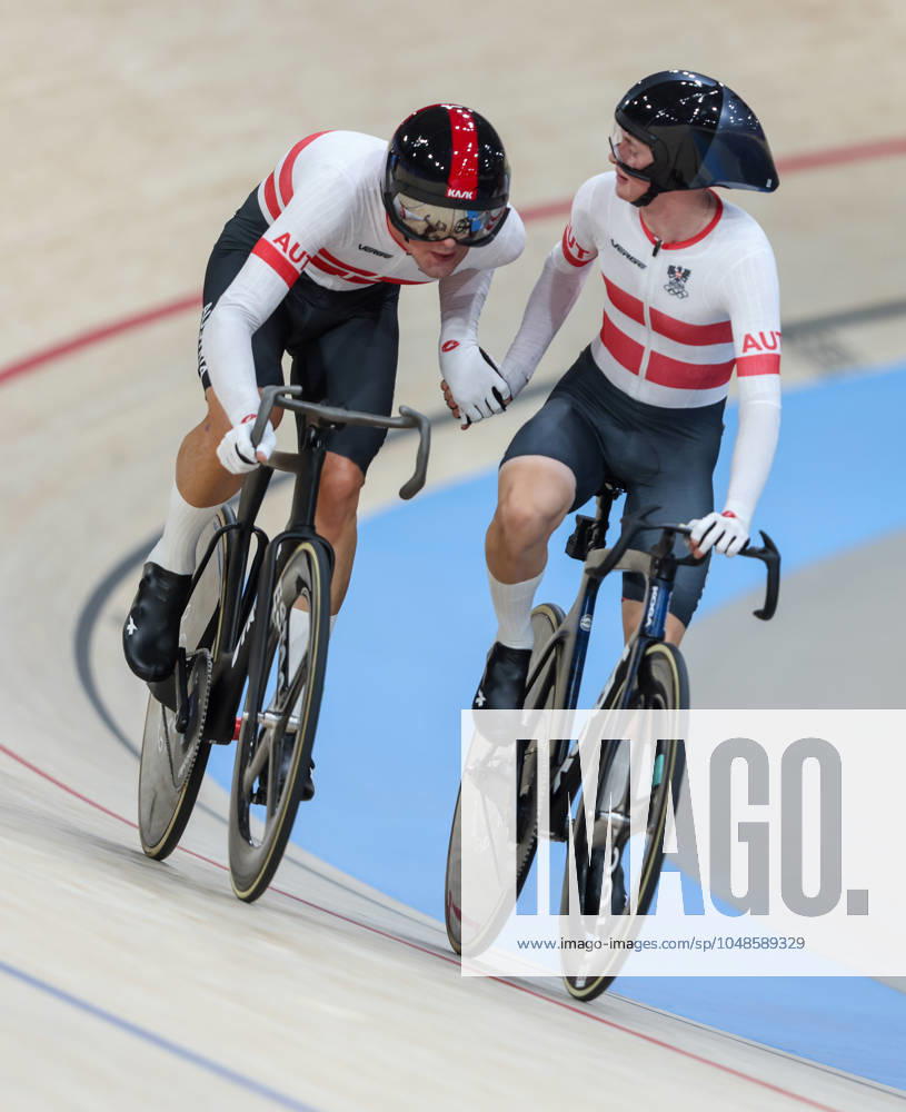 OLYMPICS - Olympic Summer Games 2024 PARIS,FRANCE,10.AUG.24 - OLYMPICS, CYCLING - Olympic Summer Games Paris 2024, mens madison. Image shows Maximilian Schmidbauer and Raphael Kokas (AUT). GEPAxpictures xHaraldxSteiner