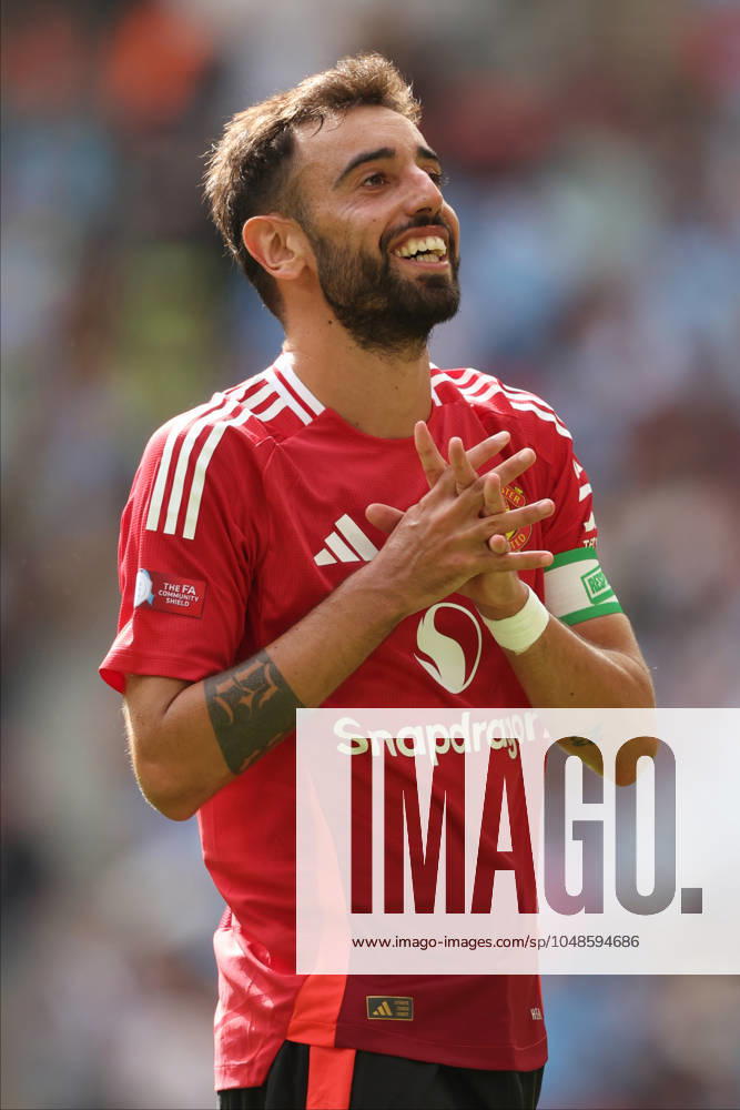 Manchester United, ManU v Manchester City - 2024 FA Community Shield Bruno Fernandes of Manchester United reacts during the 2024 FA Community Shield match between Manchester United and Manchester City at Wembley Stadium on August 10, 2024 in London, England. London Wembley Stadium England United Kingdom