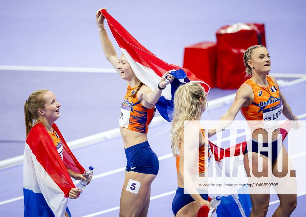 PARIS - Lieke Klaver, Cathelijn Peeters, Lisanne de Witte and Femke Bol react after winning the silver medal in the 4 x 400m relay (w) of athletics during the Olympic Games, Olympische Spiele, Olympia, OS ANP ROBIN VAN LONKHUIJSEN ANPxSportx IVx 505721240 originalFilename: 505721240