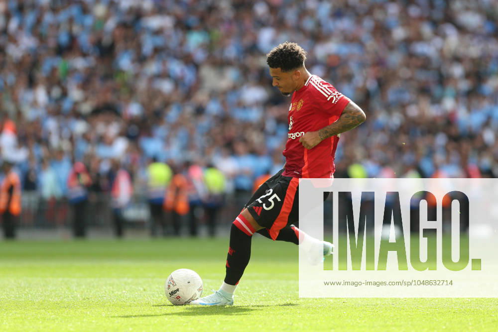 London, August 10th 2024: Jadon Sancho of Manchester United, ManU strike from the penalty spot led that to a miss for his team during the FA Community Shield Final football match between Manchester City and Manchester United at Wembley Stadium, London, England. (Pedro Soares SPP)