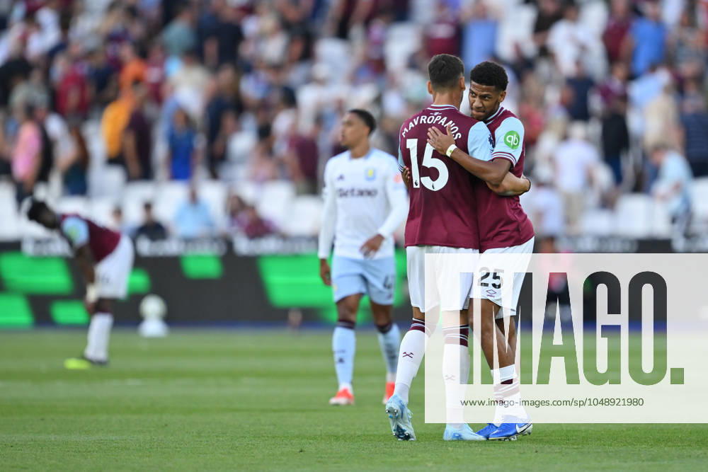 Football - Premier League - West Ham United vs Aston Villa - London Stadium - Saturday 17th August 2024. West Ham United s Jean-Clair Todibo (r) with Konstantinos Mavropanos after their 2-1 defeat. COLORSPORT ASHLEY WESTERN