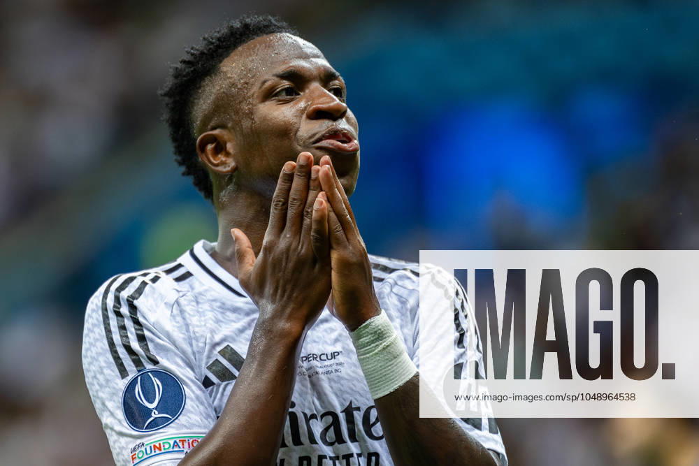 UEFA Super Cup 2024 Final match: Real Madrid Vs Atalanta BC in Warsaw, Poland - 14 Aug 2024 Vinicius Junior of Real seen in action during the UEFA Super Cup 2024 Final match between Real Madrid and Atalanta BC at PGE Narodowy stadium in Warsaw. Final score; Real Madrid 2:0. Atalanta BC. Warsaw Poland