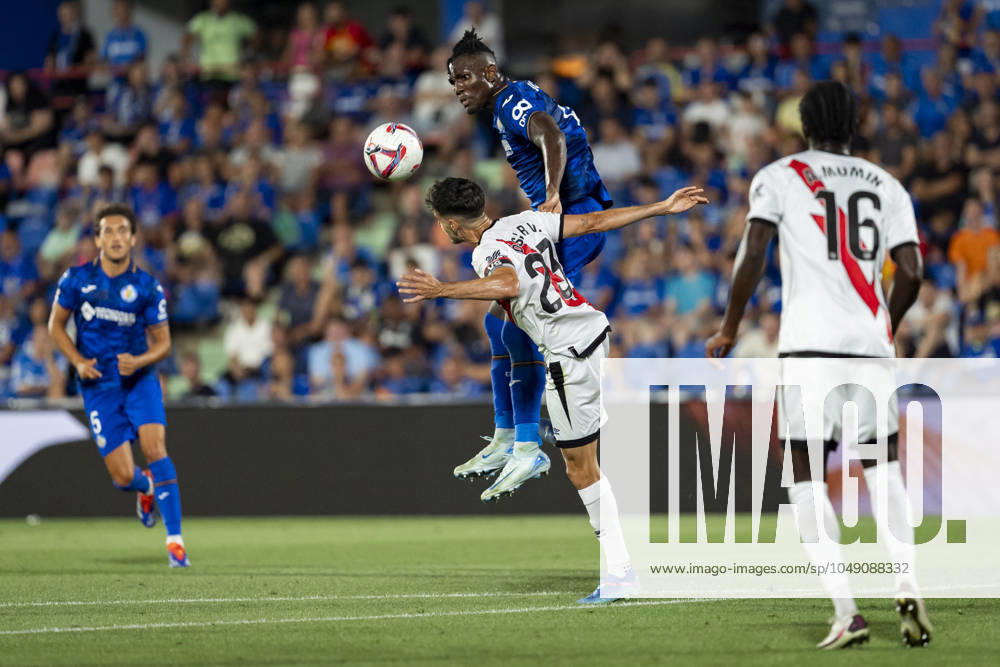 Getafe CF vs Rayo Vallecano - La Liga EA Sports 2024 25 Christantus Ugonna Uche (C) of Getafe CF heads the ball during the La Liga EA Sports 2024 25 football match between Getafe CF vs Rayo Vallecano at Estadio Coliseum on August 24, 2024 in Getafe, Spain. Getafe Estadio Coliseum Madrid Spain