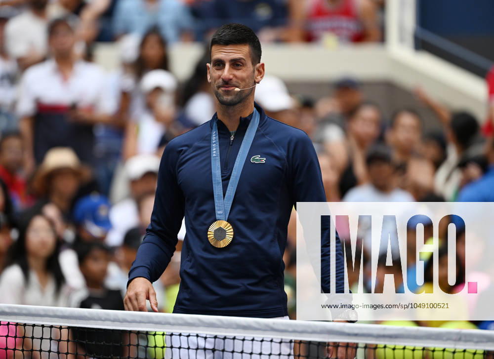 FLUSHING NY- AUGUST 24: Novak Djokovic is seen with his Olympic Gold Medal during Arthur Ashe Kids Day at the USTA Billie Jean King National Tennis Center on August 24, 2024 in Flushing Queens.