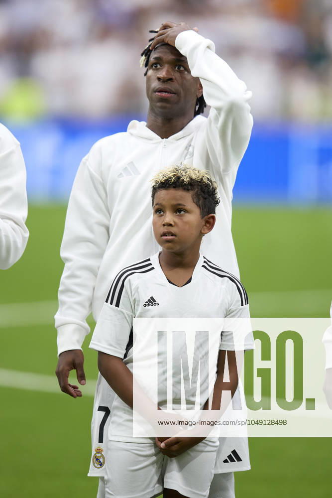 Kim Kardashian son with Vinicius Jr of Real Madrid CF during La Liga football match between Real Madrid CF v Real Valladolid at Santiago Bernabeu Stadium in Madrid, Spain, August 25, 2024 Madrid Spain - ZUMAa206 20240825_zsp_a206_058