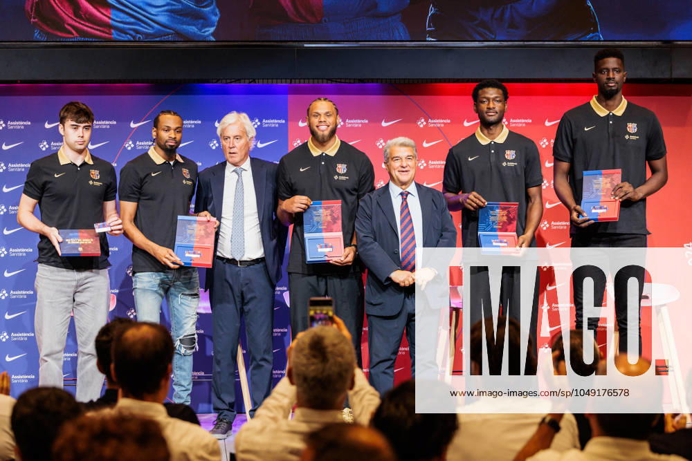Joan Laporta, President of FC Barcelona, Barca Josep Cubells, Kevin Punter, Justin Anderson, Juan Nunez, Chimezie Metu and Youssoupha Fall during the presentation as new FC Barcelona Basket players at Auditori 1899 on August 26, 2024 in Barcelona, Spain. Barcelona Spain - ZUMAa181 20240826_zaa_a181_060