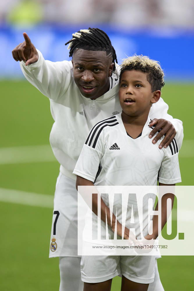 Kim Kardashian son with Vinicius Jr of Real Madrid CF during La Liga football match between Real Madrid CF v Real Valladolid at Santiago Bernabeu Stadium in Madrid, Spain, August 25, 2024 Madrid Spain - ZUMAa206 20240825_zsp_a206_057
