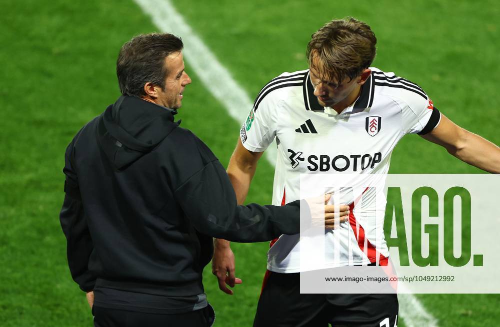 Fulham manager Marco Silva congratulates Sander Berge after he is substituted Birmingham City v Fulham, EFL Carabao Cup, Second Round, Football, St Andrews, Birmingham, UK, 27 Aug 2024