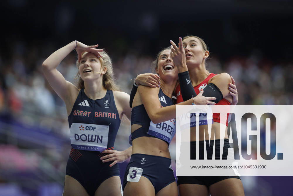 KW35 Paralympics (Para Leichtathletik); Paris, 31.08.24 MOOS Nele (T38 GER Para Leichtathletik), BREEN Olivia (GB) und DOWN Maddie (GB), Paralympics (Para Leichtathletik) am 31.08.24 im Stade de France in Paris (Frankreich).