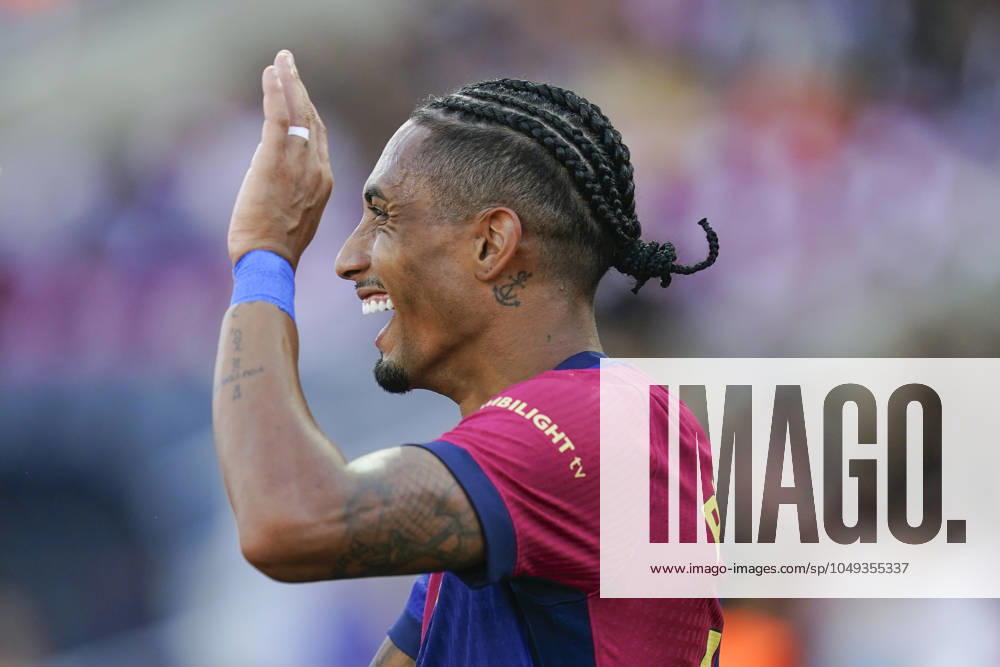 ESP: FC Barcelona, Barca v Real Valladolid. La Liga EA Sports. Date Raphael Dias Belloli Raphinha of FC Barcelona celebrates the 4-0 during the La Liga EA Sports match between FC Barcelona and Real Valladolid played at Lluis Companys Stadium on August 31, 2024 in Barcelona, Spain. kpng