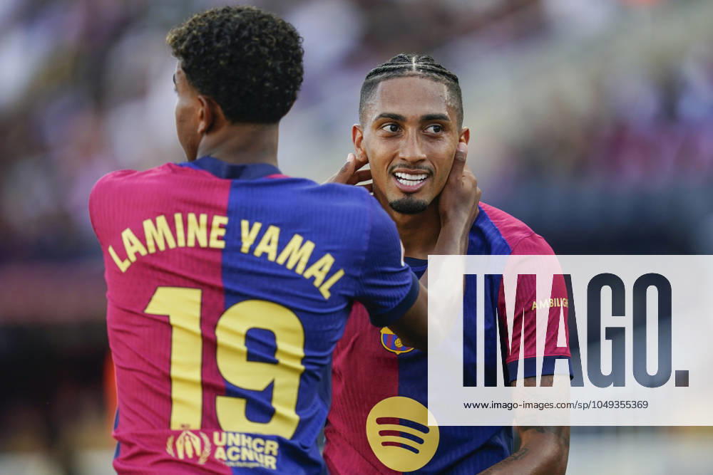 ESP: FC Barcelona, Barca v Real Valladolid. La Liga EA Sports. Date Raphael Dias Belloli Raphinha of FC Barcelona celebrates the 4-0 during the La Liga EA Sports match between FC Barcelona and Real Valladolid played at Lluis Companys Stadium on August 31, 2024 in Barcelona, Spain. kpng