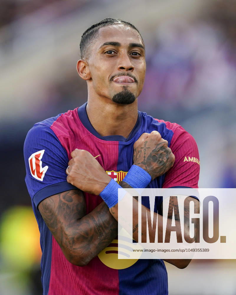 ESP: FC Barcelona, Barca v Real Valladolid. La Liga EA Sports. Date Raphael Dias Belloli Raphinha of FC Barcelona celebrates the 4-0 during the La Liga EA Sports match between FC Barcelona and Real Valladolid played at Lluis Companys Stadium on August 31, 2024 in Barcelona, Spain. kpng