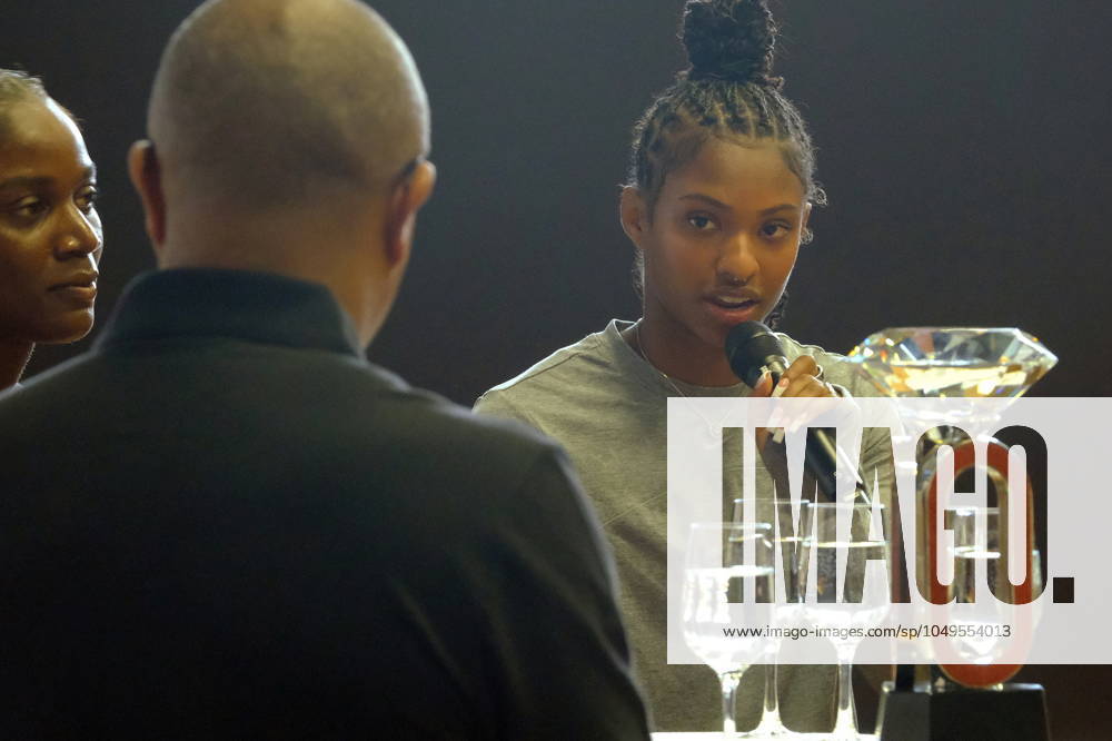 - American track and field sprinter and hurdler and Olympic Gold in Paris 2024 winner (110h.) Masai Russell during the press conference, PK, Pressekonferenz at the Wanda Diamond League Weltklasse Zurich 2024 . Weltklasse, Zürich 2024 press conference at Stadion Letzigrund WELKLA2 Zurich Stadion Letzigrund Zürich Schweiz