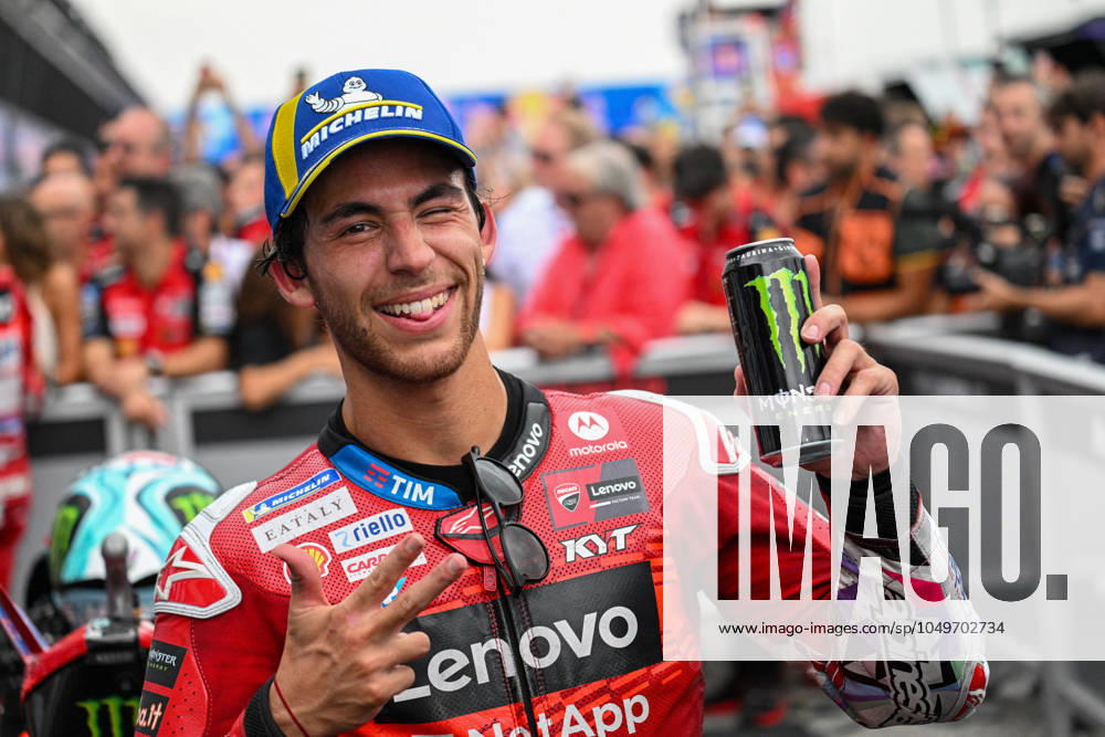 - MotoGP - GP15 - Gran Premio Red Bull di San Marino e della Riviera di Rimini - Race Enea Bastianini Italian Ducati Lenovo Team Ducati celebrates third place in the MotoGP Race during GP15 - Gran Premio Red Bull di San Marino e della Riviera di Rimini - Race, MotoGP World Championship, WM, Weltmeisterschaft in Misano Adriatico, Italy, September 08 2024 Misano Adriatico Italy