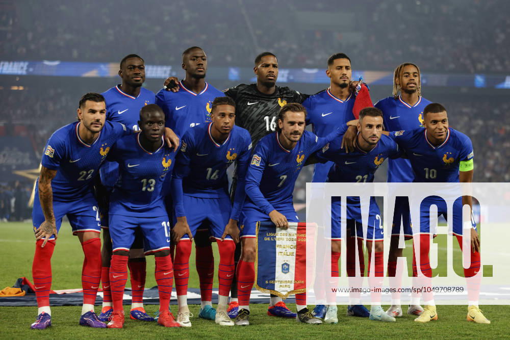 Paris, France, 6th September 2024. The France starting eleven line up for a team photo prior to kick off, back row ( L to R ); Youssouf Fofana, Ibrahima Konate, Mike Maignan, William Saliba and Bradley Barcola, front row ( L to R ); Theo Hernandez, N Golo Kante, Michael Olise, Antoine Griezmann, Jonathan Clauss and Kylian Mbappe, in the UEFA Nations League match at Le Parc des Princes, Paris. Picture credit should read: Jonathan Moscrop Sportimage . SPI-3291-0047