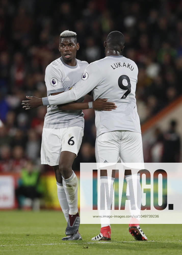 AFC Bournemouth v Manchester United, ManU - Premier League - Vitality Stadium April 18, 2018 - Bournemouth, United Kingdom - Substituted Paul Pogba of Manchester United walks off and hugs Romelu Lukaku of Manchester United during the premier league match at the Vitality Stadium, Bournemouth. Picture date 18th April 2018. Picture credit should read: David Klein Sportimage Bournemouth United Kingdom