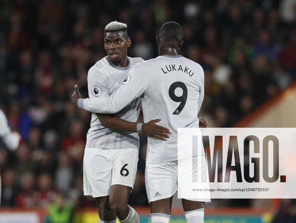 AFC Bournemouth v Manchester United, ManU - Premier League - Vitality Stadium April 18, 2018 - Bournemouth, United Kingdom - Substituted Paul Pogba of Manchester United walks off and hugs Romelu Lukaku of Manchester United during the premier league match at the Vitality Stadium, Bournemouth. Picture date 18th April 2018. Picture credit should read: David Klein Sportimage Bournemouth United Kingdom