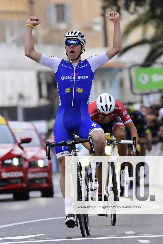Paris - Nice 2017 - stage 8 NICE, FRANCE - MARCH 12 : DE LA CRUZ MELGAREJO David (ESP) Rider of Quick-Step Floors Cycling team celebrates winning in front of CONTADOR Alberto (ESP) Rider of Trek - Segafredo during stage 08 of the 75th edition of the Paris - Nice cycling race, a stage of 115,5 km with start and finish in Nice on March 12, 2017 in Nice, France, 12 03 2017 Nice France