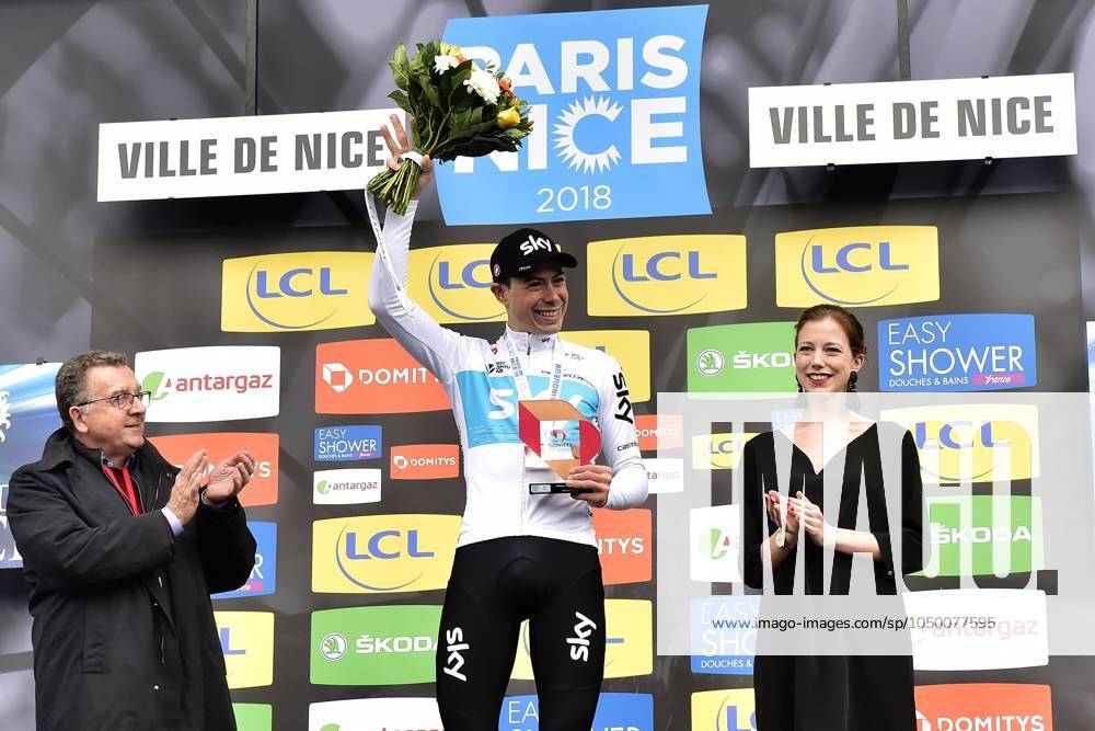 Paris-Nice 2018 stage 8 NICE, FRANCE - MARCH 11 : DE LA CRUZ MELGAREJO David (ESP) of Team SKY celebrates the win during the podium ceremony after stage 8 of the 2018 Paris - Nice cycling race with start and finish in Nice (110 km) on March 11, 2018 in Nice, France, 11 03 2018 Nice France