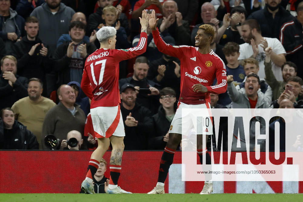 Manchester United, ManU v Barnsley - Carabao Cup Third Round Alejandro Garnacho and Marcus Rashford of Manchester United celebrates 4th goal during the Carabao Cup Third Round match between Manchester United and Barnsley at Old Trafford on September 17, 2024 in Manchester, England. Manchester Old Trafford England United Kingdom