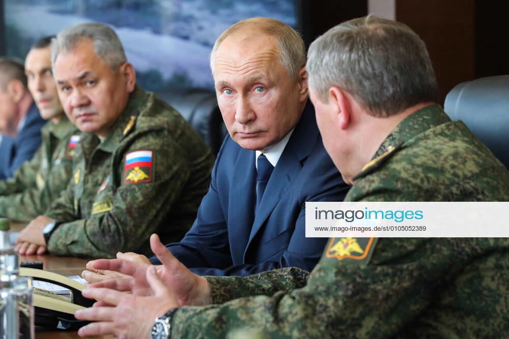 Valery Gerasimov, Russia s First Deputy Defence Minister and Chief of the General Staff of the Russian Armed Forces, Russia s President Vladimir Putin, and Russia s Defence Minister Sergei Shoigu (R-L) attend the Kavkaz-2020 Caucasus 2020 military drills at the Kapustin Yar training ground. Military units from Armenia, Belarus, China, Myanmar, and Pakistan take part in the drills. Mikhail Klimentyev Russian Presidential Press and Information Office TASS TS0E85BD