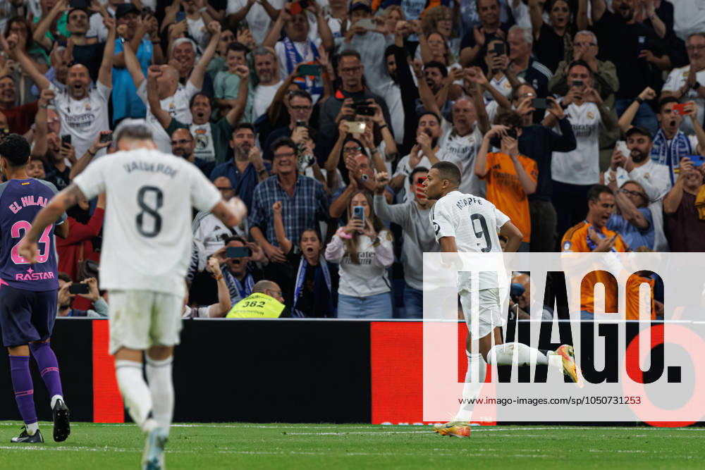 Kylian Mbappe seen celebrating after scoring goal during LaLiga EA SPORTS game between teams of Real Madrid FC and RCD Espanyol de Barcelona at Estadio Santiago Bernabeu (Maciej Rogowski) Madrid Estadio Santiago Bernabeu Spain