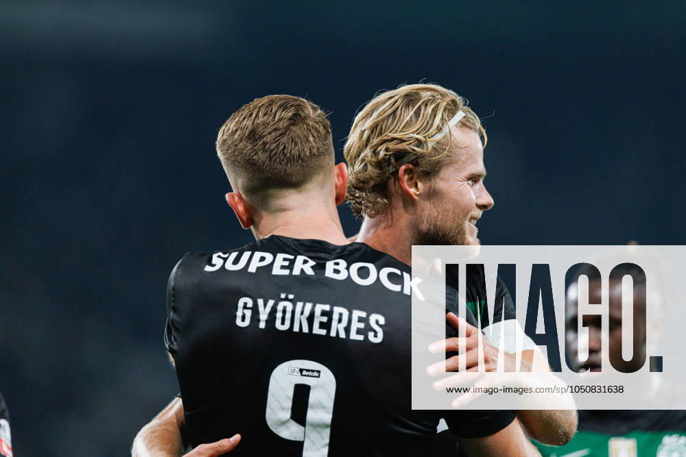 Sporting CP Vs AVS Futebol SAD in Lisbon - 22 Sept 2024 (L-R) Viktor Gyokeres, and Morten Hjulmand (Sporting CP) seen celebrating after goal during the Liga Portugal game between teams of Sporting CP and AVS Futebol SAD at Estadio Jose Alvalade. final score 3:0 Lisbon Portugal