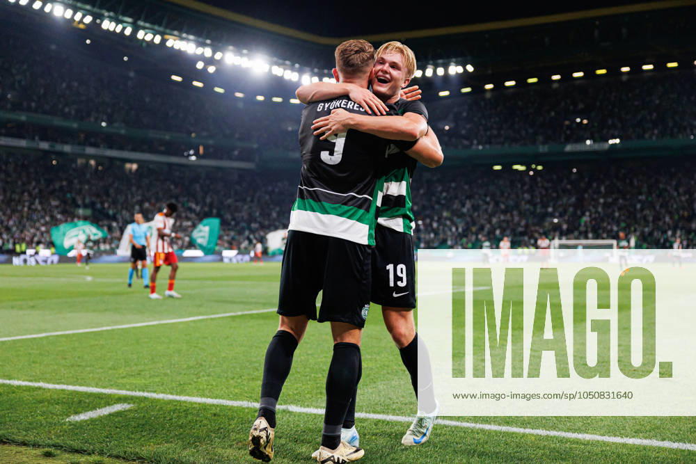 Sporting CP Vs AVS Futebol SAD in Lisbon - 22 Sept 2024 (L-R) Viktor Gyokeres, and Conrad Harder (Sporting CP) seen celebrating after goal during the Liga Portugal game between teams of Sporting CP and AVS Futebol SAD at Estadio Jose Alvalade. final score 3:0 Lisbon Portugal