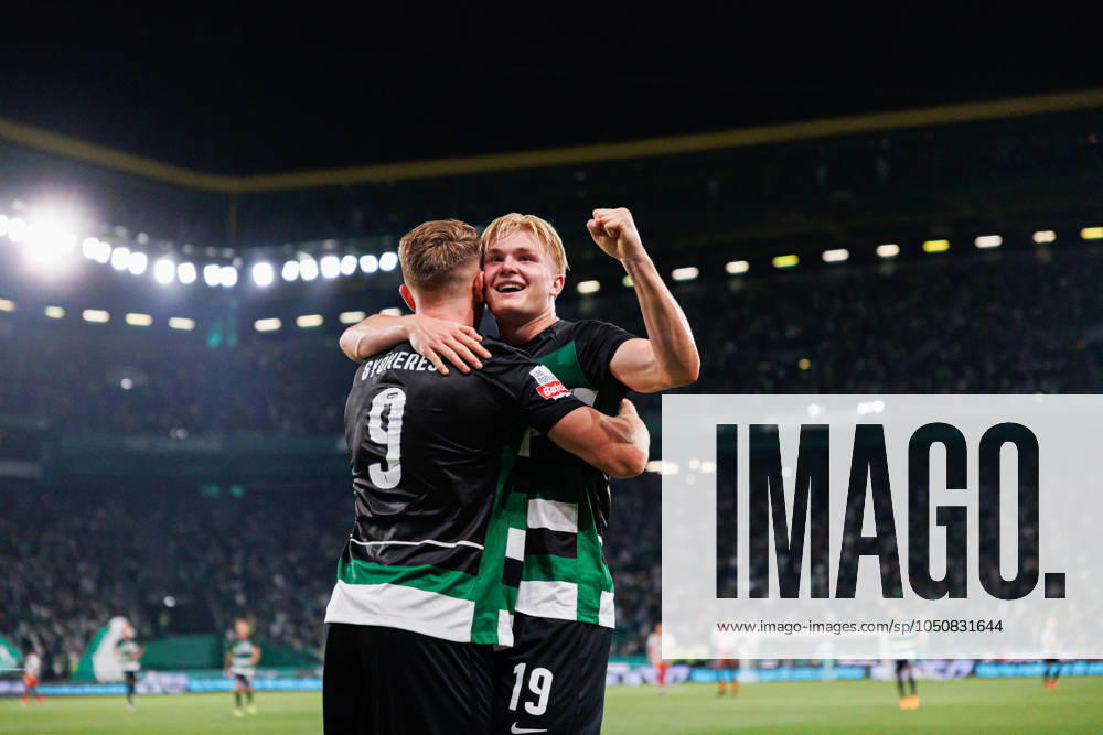 Sporting CP Vs AVS Futebol SAD in Lisbon - 22 Sept 2024 (L-R) Viktor Gyokeres, and Conrad Harder (Sporting CP) seen celebrating after goal during the Liga Portugal game between teams of Sporting CP and AVS Futebol SAD at Estadio Jose Alvalade. final score 3:0 Lisbon Portugal