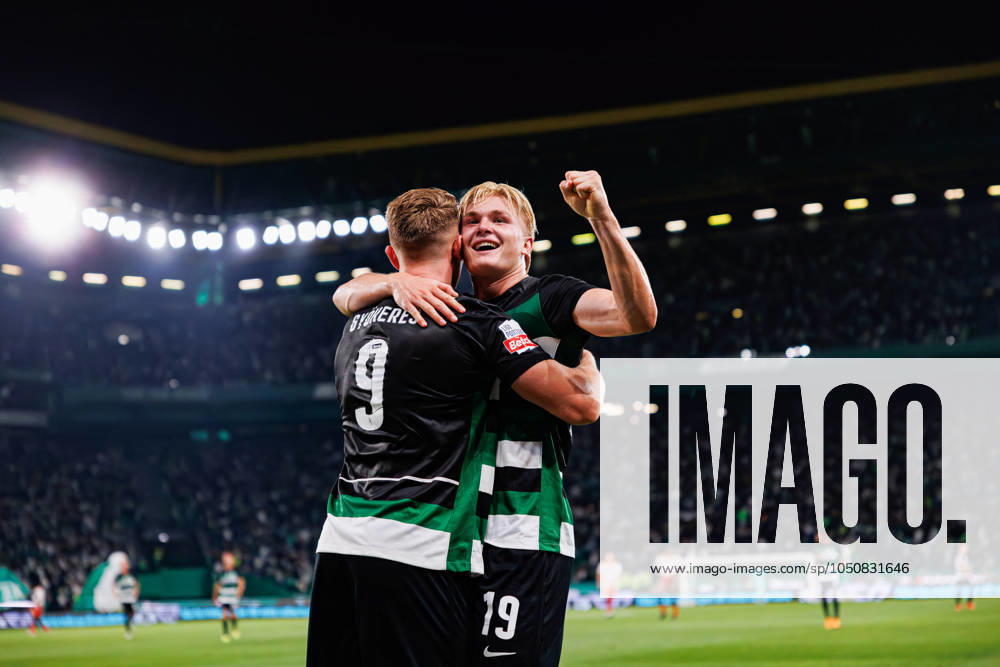Sporting CP Vs AVS Futebol SAD in Lisbon - 22 Sept 2024 (L-R) Viktor Gyokeres, and Conrad Harder (Sporting CP) seen celebrating after goal during the Liga Portugal game between teams of Sporting CP and AVS Futebol SAD at Estadio Jose Alvalade. final score 3:0 Lisbon Portugal