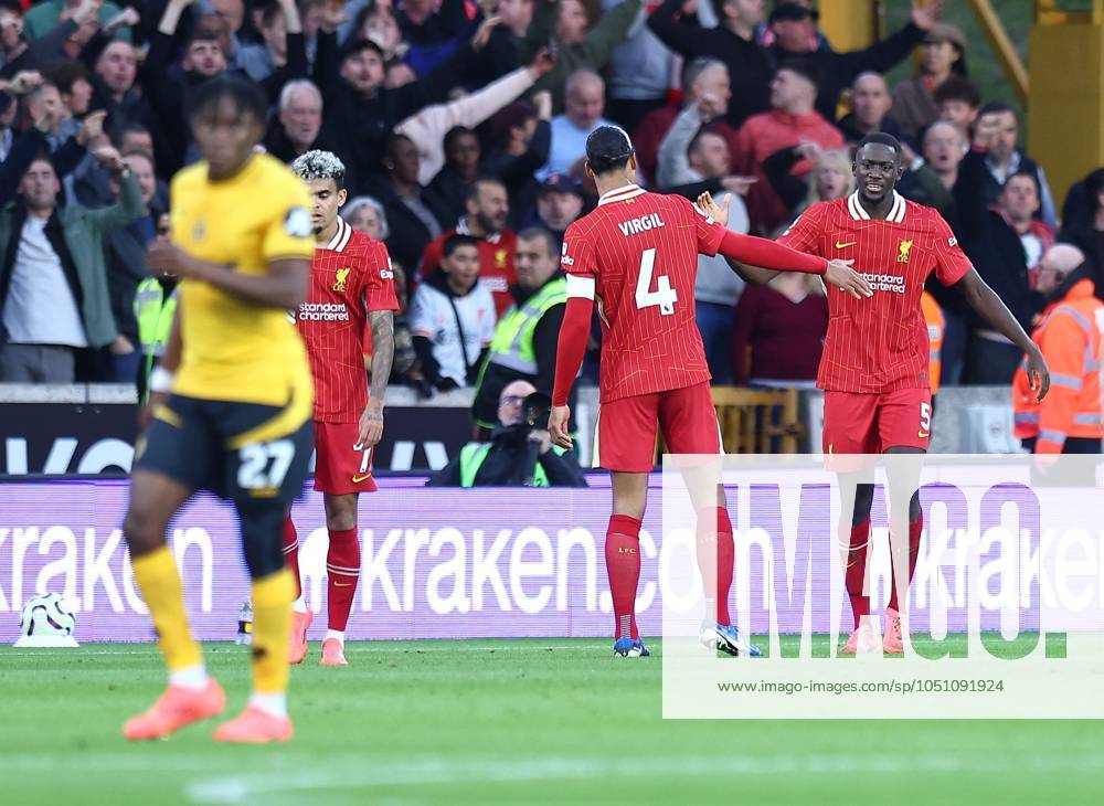 Ibrahima Konate of Liverpool celebrates scoring the opening goal Wolverhampton Wanderers v Liverpool, Premier League, Football, Molineux, London, UK, 28 Sep 2024