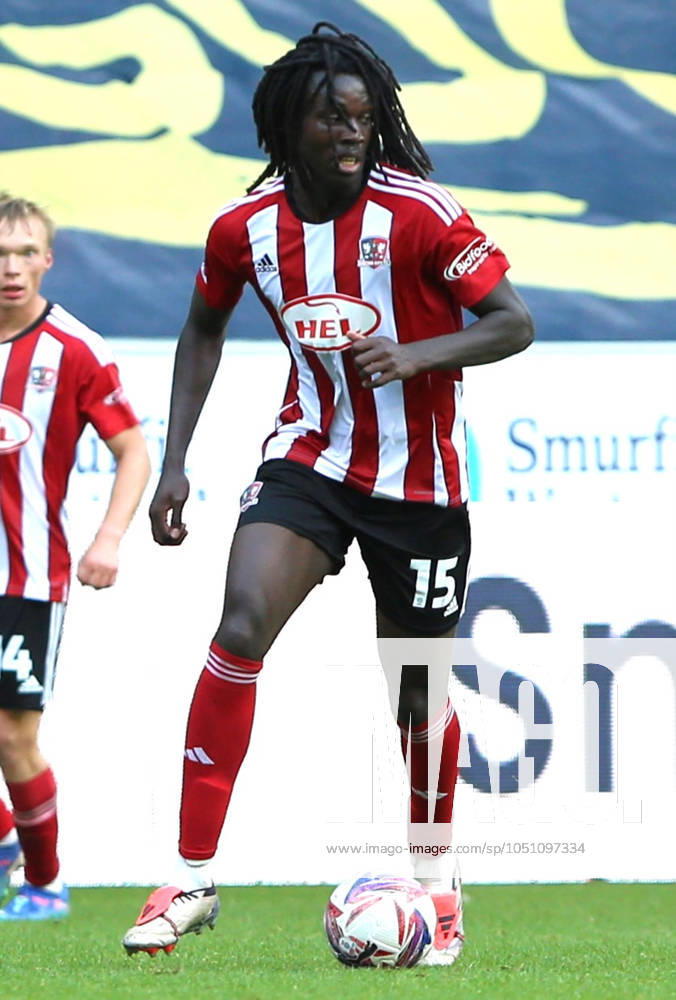 Wigan Athletic v Exeter City EFL Sky Bet League 1 28 09 2024. Exeter City defender Johnly Yfeko (15) during the EFL Sky Bet League 1 match between Wigan Athletic and Exeter City at the Brick Community Stadium, Wigan, England on 28 September 2024. Wigan Brick Community Stadium Greater Manchester England Editorial use only DataCo restrictions apply See www.football-dataco.com ,