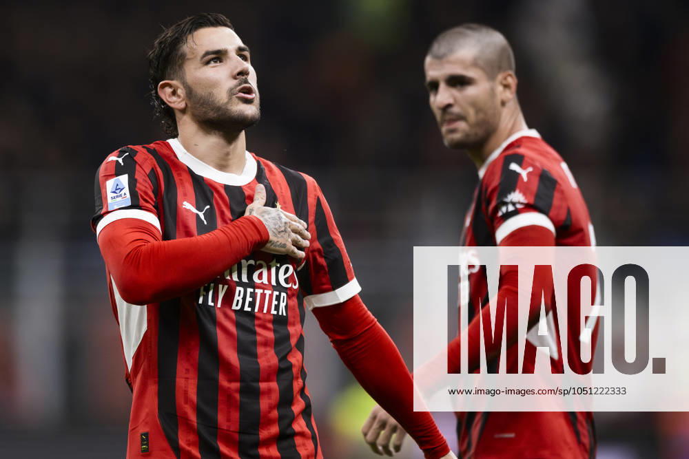 AC Milan v US Lecce - Serie A Theo Hernandez of AC Milan celebrates with Alvaro Morata of AC Milan after scoring a goal during the Serie A football match between AC Milan and US Lecce. Milan Italy